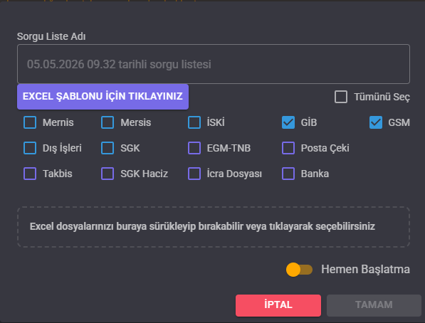 LawAst UYAP toplu sorgu penceresinde GİB ve GSM seçili